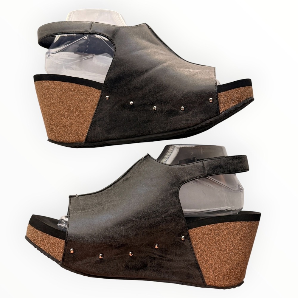 Volatile Division Cork Wedge Sandals Charcoal Slingback Studded Size 10
